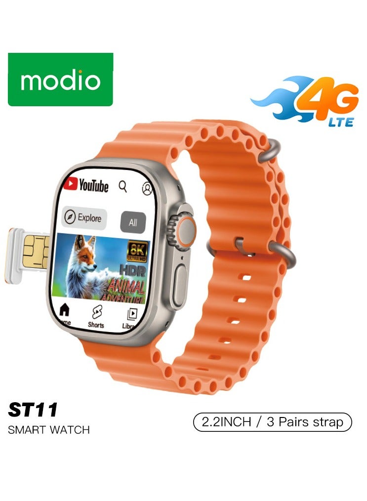 موديو ساعة ذكية Modio ST11 بشاشة عرض كاملة 2.2 بوصة مع بطاقة SIM 4G تدعم 3 أزواج من الأشرطة وشاحن لاسلكي للسيدات والرجال - Image 1