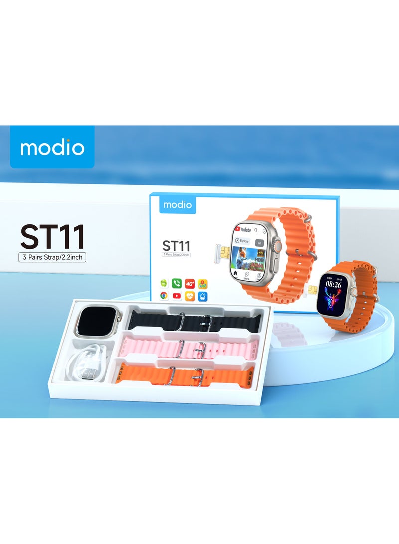 موديو ساعة ذكية Modio ST11 بشاشة عرض كاملة 2.2 بوصة مع بطاقة SIM 4G تدعم 3 أزواج من الأشرطة وشاحن لاسلكي للسيدات والرجال - Image 4