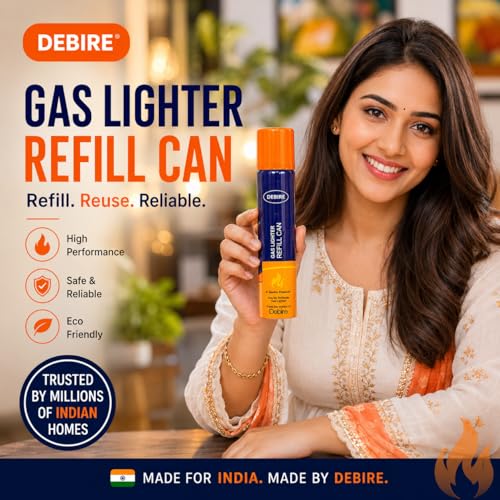 DEBIRE Gas Lighter for Kitchen Stove with Butane Gas Refill Can | Adjustable Flame Control and Safety Lock | Refillable Multipurpose Lighter with 100ml Gas Can | Multicolor Pack of 1 - Image 5