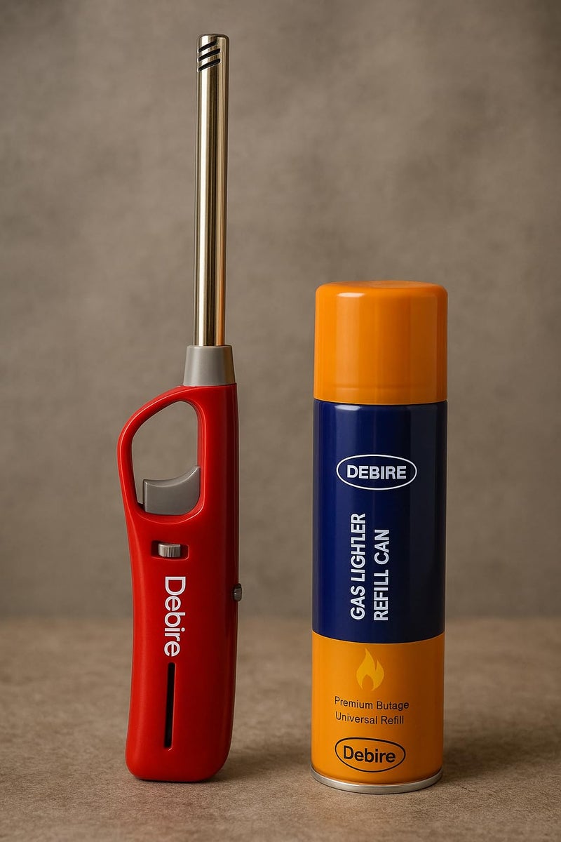 DEBIRE Gas Lighter for Kitchen Stove with Butane Gas Refill Can | Adjustable Flame Control and Safety Lock | Refillable Multipurpose Lighter with 100ml Gas Can | Multicolor Pack of 1 - Image 4