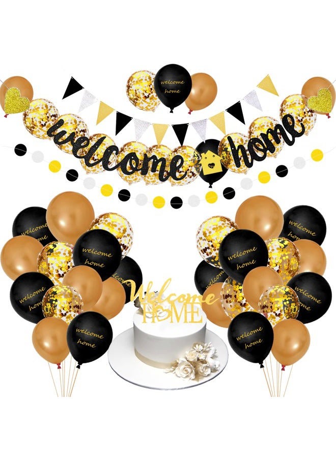 BANBALLON Welcome Home Banner And Cake Topper Decorations Gold Black Glitter Dot Circle Garland Triangle Flag Banner Welcome Balloons For Welcome Back Party Housewarming Party Supplies - Image 1