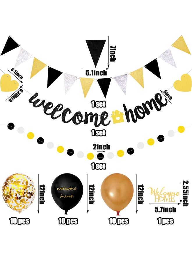 BANBALLON Welcome Home Banner And Cake Topper Decorations Gold Black Glitter Dot Circle Garland Triangle Flag Banner Welcome Balloons For Welcome Back Party Housewarming Party Supplies - Image 2