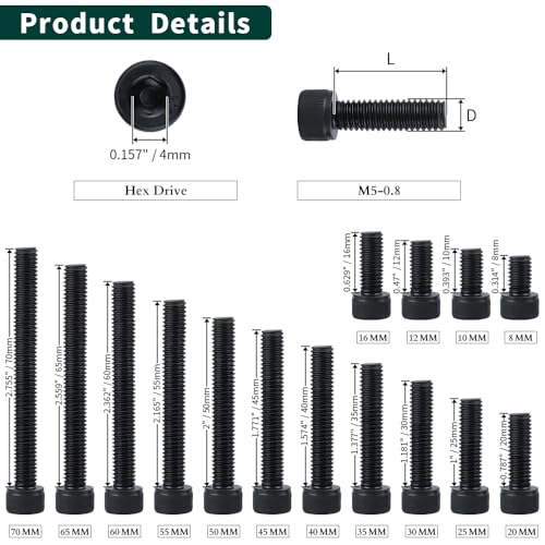 EASTLO M5-0.8 x 25mm Socket Head Cap Screws, 12.9 Grade Alloy Steel, Black Oxide Finish, Full Thread, Coarse Thread, Allen Hex Drive, 50 pcs - Image 4