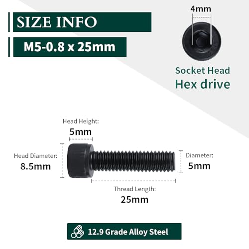 EASTLO M5-0.8 x 25mm Socket Head Cap Screws, 12.9 Grade Alloy Steel, Black Oxide Finish, Full Thread, Coarse Thread, Allen Hex Drive, 50 pcs - Image 3