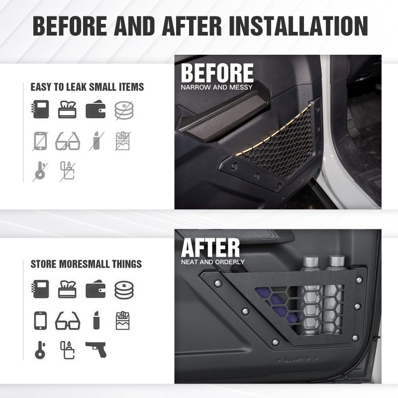 YZONA Front Door Storage Pockets Box Compatible with Ford Bronco 2021 2022 2023 2024 2025, Cup Holder Door Side Organizer Molle Panels Expansion Interior Accessories (2/4 Doors, Black, 2 PCS) - Image 4