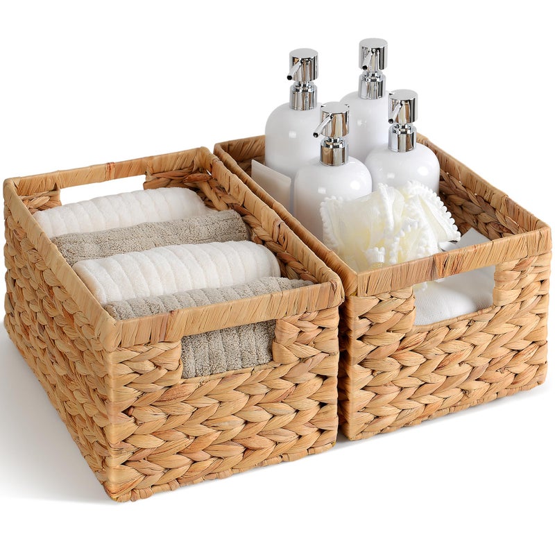 Storage Standard Set of 2 Wicker Shelf Storage Baskets for Organizing - Natural Durable Water Hyacinth Woven Basket Pantry Bin Organizers for Shelves with Handles for Home & Decor Organization, 12.5â€ x 8â€ x 6.5â€ - Image 2