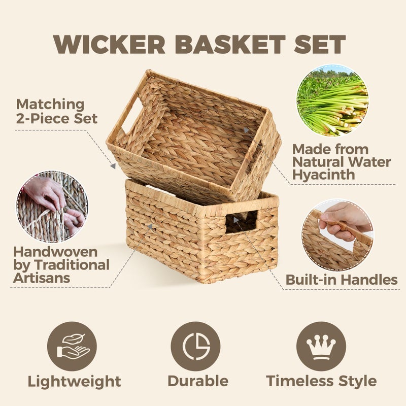 Storage Standard Set of 2 Wicker Shelf Storage Baskets for Organizing - Natural Durable Water Hyacinth Woven Basket Pantry Bin Organizers for Shelves with Handles for Home & Decor Organization, 12.5â€ x 8â€ x 6.5â€ - Image 3