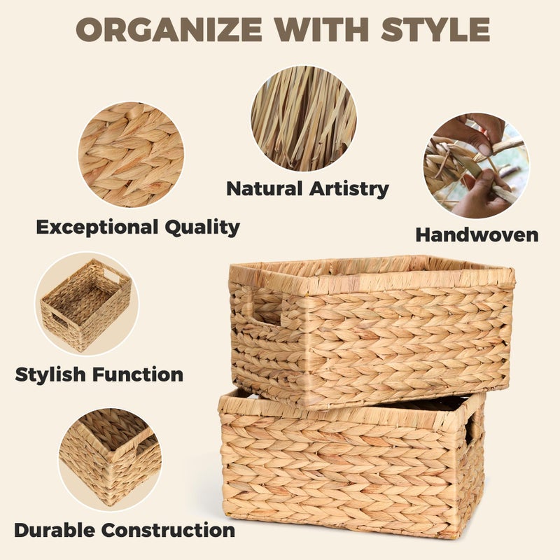 Storage Standard Set of 2 Wicker Shelf Storage Baskets for Organizing - Natural Durable Water Hyacinth Woven Basket Pantry Bin Organizers for Shelves with Handles for Home & Decor Organization, 12.5â€ x 8â€ x 6.5â€ - Image 4