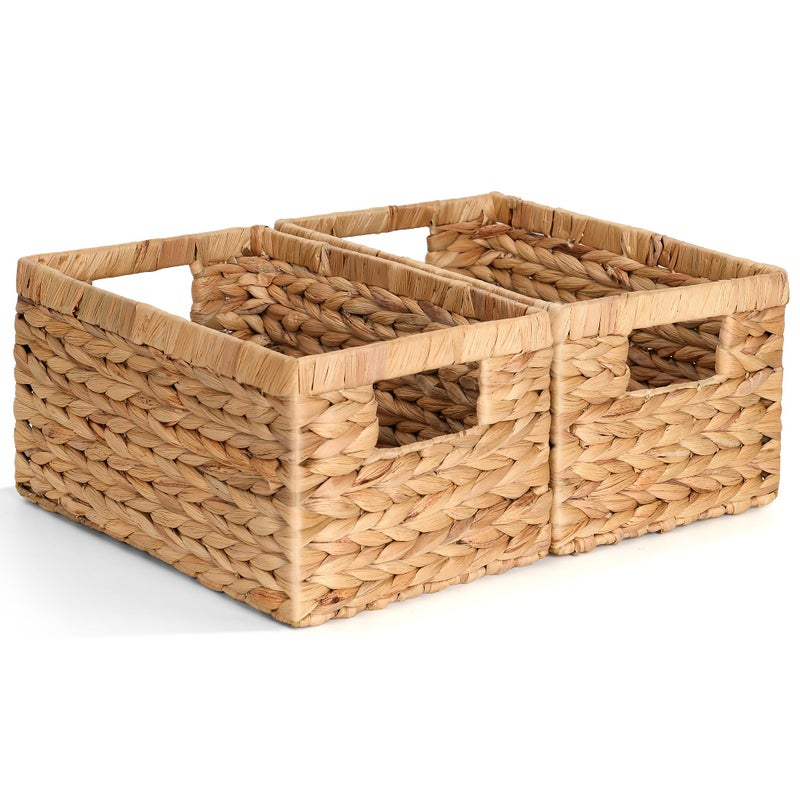 Storage Standard Set of 2 Wicker Shelf Storage Baskets for Organizing - Natural Durable Water Hyacinth Woven Basket Pantry Bin Organizers for Shelves with Handles for Home & Decor Organization, 12.5â€ x 8â€ x 6.5â€ - Image 1