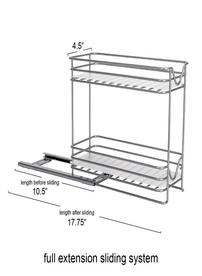Household Essentials 4-Inch Double Sliding 2‑Tier Spice Rack in Nickel Glidez Powder‑Coated Steel Pull‑Out Storage Organizer with Plastic Liners, Brushed Silver - Image 4