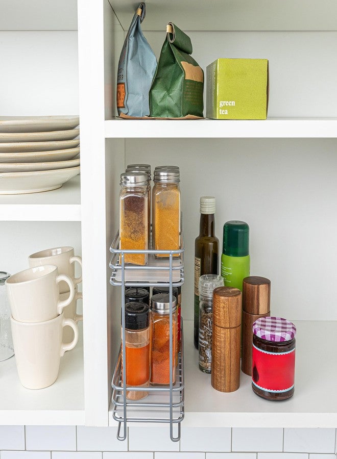 Household Essentials 4-Inch Double Sliding 2‑Tier Spice Rack in Nickel Glidez Powder‑Coated Steel Pull‑Out Storage Organizer with Plastic Liners, Brushed Silver - Image 2