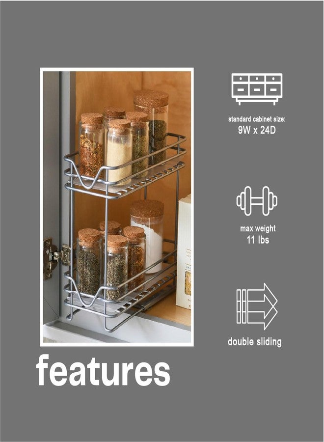 Household Essentials 4-Inch Double Sliding 2‑Tier Spice Rack in Nickel Glidez Powder‑Coated Steel Pull‑Out Storage Organizer with Plastic Liners, Brushed Silver - Image 5