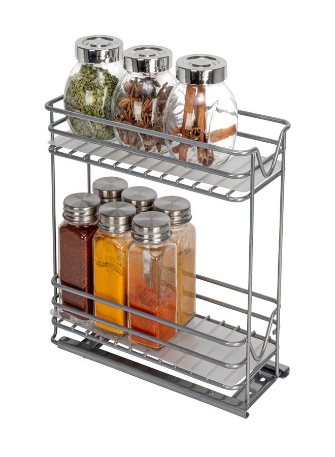 Household Essentials 4-Inch Double Sliding 2‑Tier Spice Rack in Nickel Glidez Powder‑Coated Steel Pull‑Out Storage Organizer with Plastic Liners, Brushed Silver - Image 1