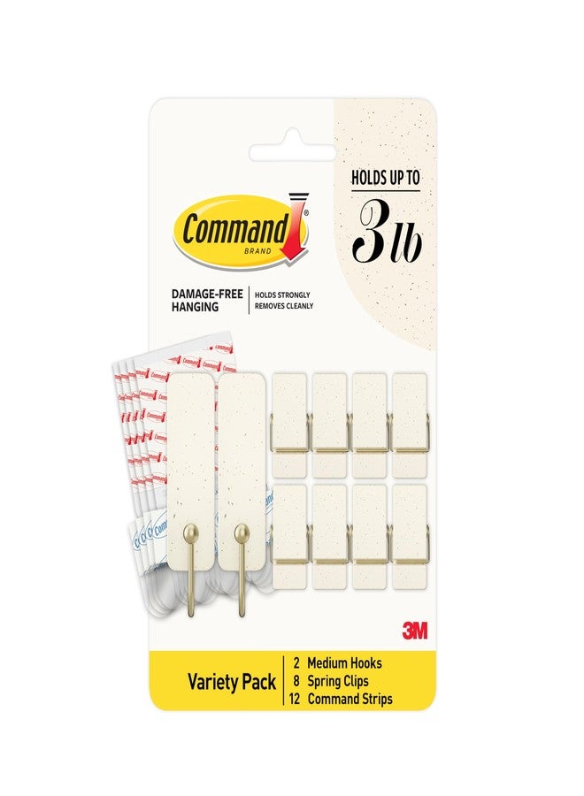 Command Mixed Hook Pack, Cream Speckle, 2 Medium Hooks, 8 Spring Clips, Great for Hanging Christmas Decorations - Image 1