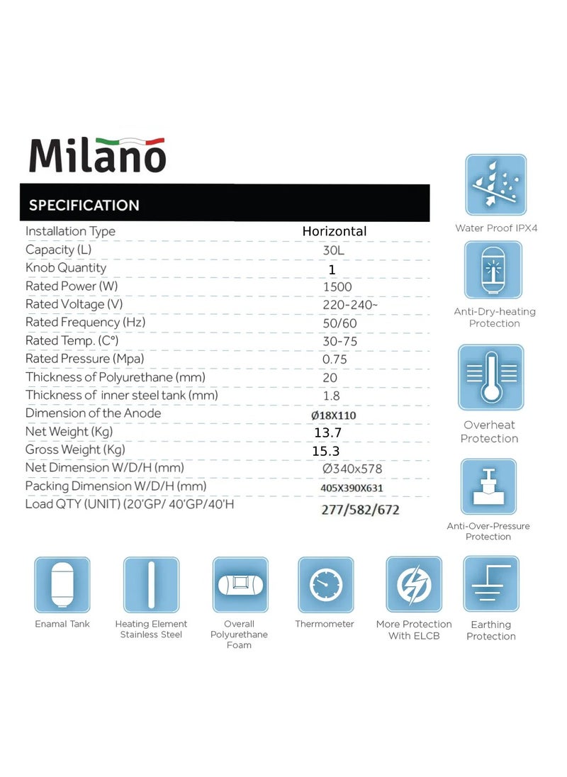 milano - سخان مياه كهربائي ميلانو، شكل أفقي، موفر للطاقة، سخان مياه فوري، أبيض، 30 لتر - Image 1