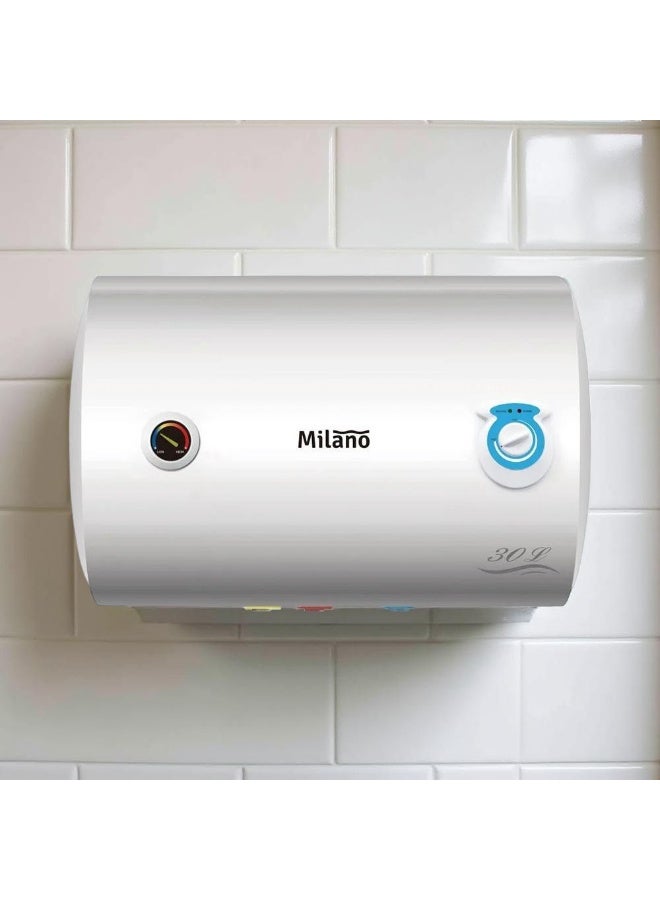 Milano Horizontal Electric Water Heater - (30Litres) - White Finish | Instant Hot Water Heater For Bathroom | Blue Diamond Inner Tank Wall-Mounted Water Heater System For Shower - (34x57.9x57.9x34)cm - Image 1