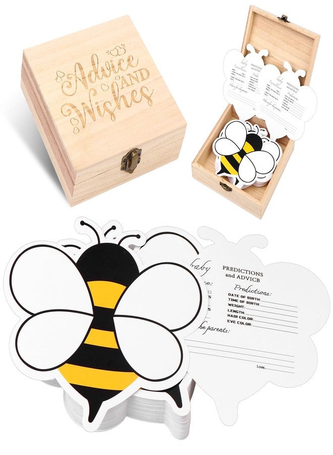 Eshylala Advice and Wishes Cards with Box - 50 Pcs Bee Baby Shower Advice Cards, Wedding Advices Card for Bridal Shower, Wooden Keepsake Box Advices and Wishes for Baby Cards Box Fun Game Ideas - Image 1