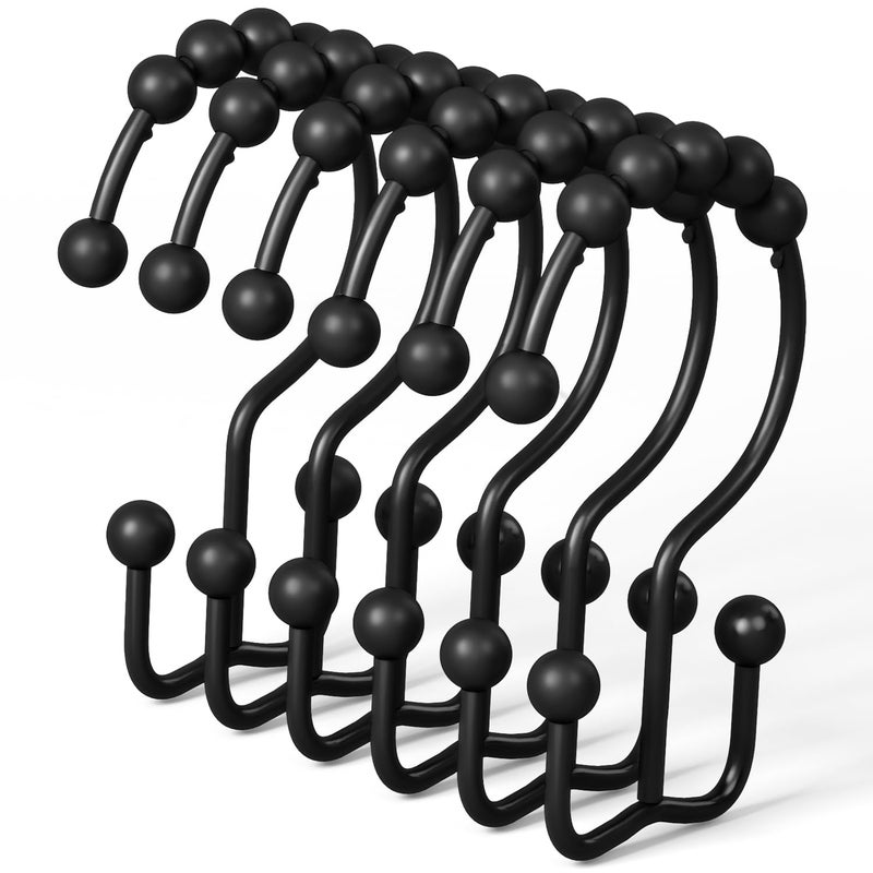 DAWNER Shower Curtain Hooks Rings Rust Proof Hooks Metal Easy Glide Double Shower Rings Hooks Stainless Steel Shower Curtain Hangers for Bathroom Shower Curtains Set of 12 Hooks Matte Black