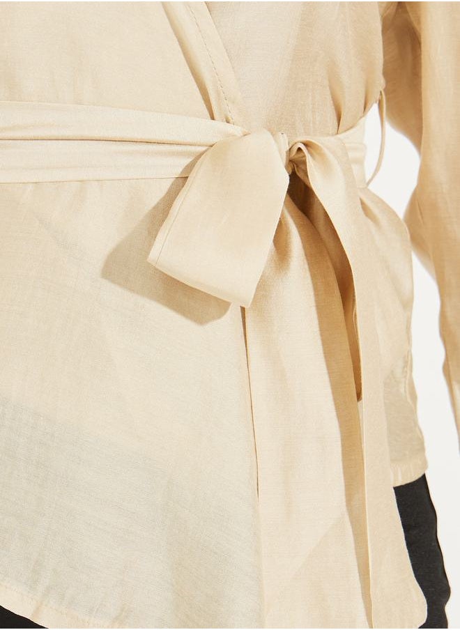 Styli Solid Wrap Top with Long Sleeve & Bow Tie Detail  - Image 3
