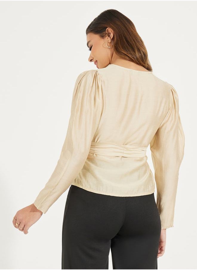 Styli Solid Wrap Top with Long Sleeve & Bow Tie Detail  - Image 4