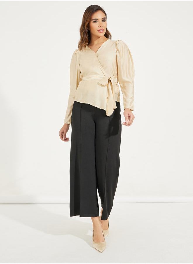 Styli Solid Wrap Top with Long Sleeve & Bow Tie Detail  - Image 2