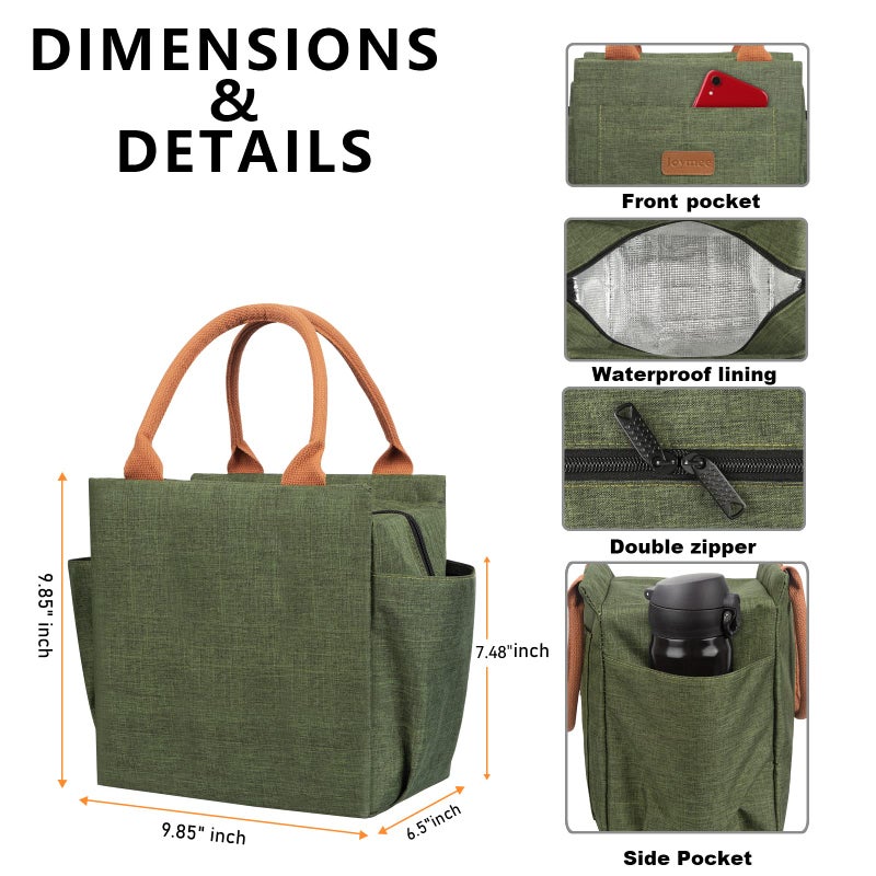 Joymee Lunch Bag Women Insulated Lunch Box Reusable Leakproof Large Spacious Cooler Tote for Womens Mens Adults with Bottle Holder and Side Pockets for Work Office Travel Picnic - Green - Image 2
