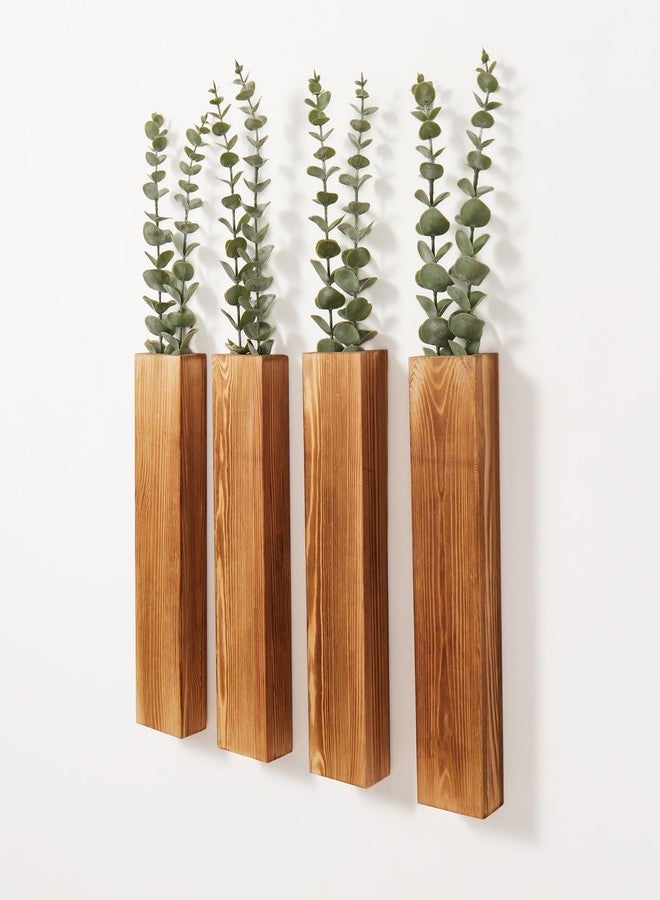 Mokof 4-Pack Wood Wall Planters with 8 Removable Faux Eucalyptus Stems - Modern Farmhouse Wall Decor for Living Room, Bedroom, Bathroom - Wooden Wall Vases and Fake Eucalyptus for Home Office Decor - Image 1