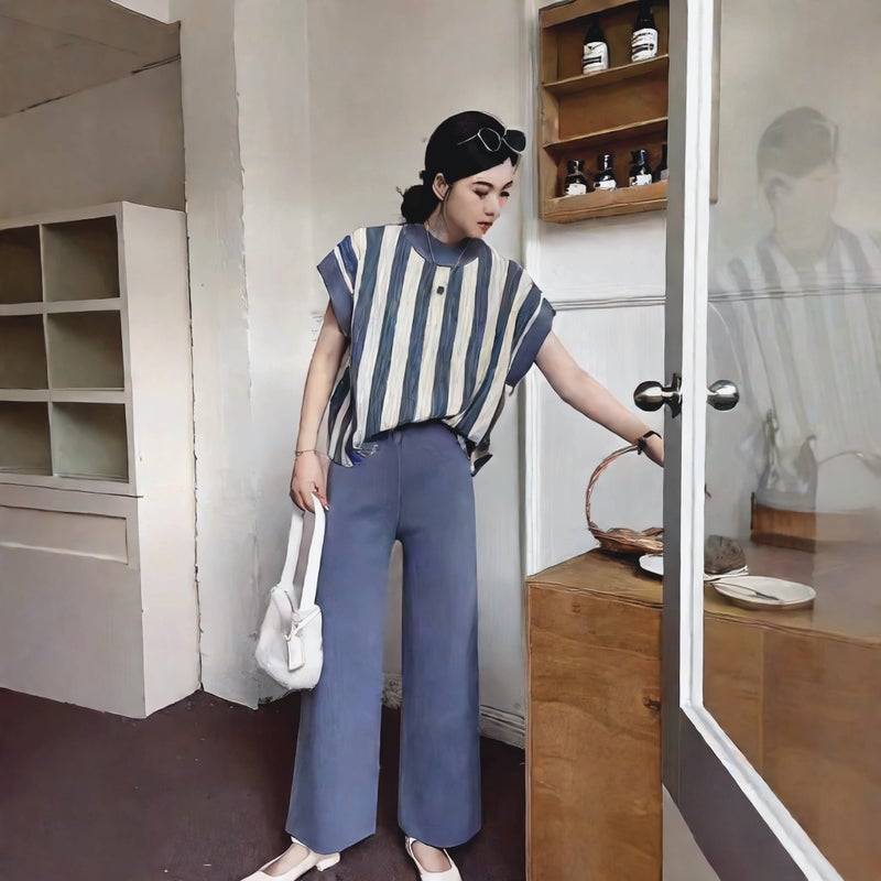 Fashion Knit Two-Piece Set with Striped Top and Casual Wide-Leg Pants - Image 3