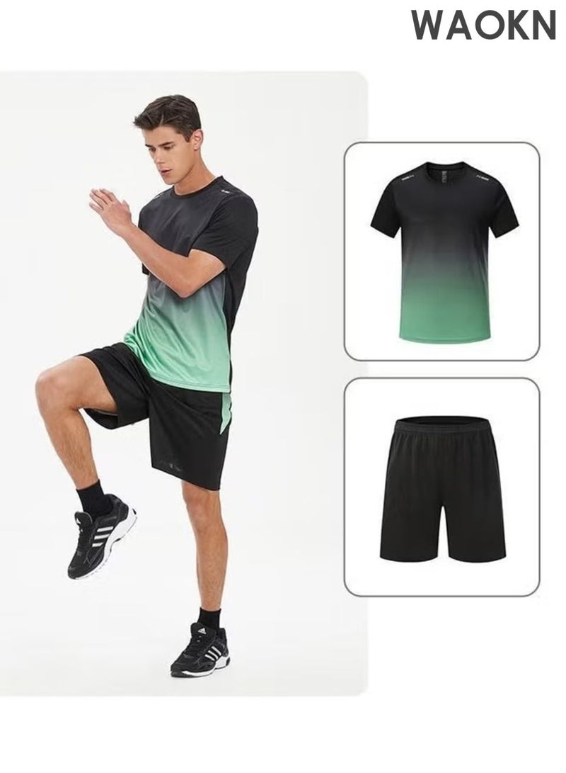 دبليو أيه أو كي أن بدلة رياضية رجالية قابلة للتنفس ومريحة، بدلة لياقة بدنية للجري غير رسمية وفضفاضة، خفيفة الوزن وسريعة الجفاف بأكمام قصيرة مجموعة من قطعتين، ناعمة ومريحة للغاية، مناسبة للارتداء الرياضي الداخلي والخارجي. - Image 5