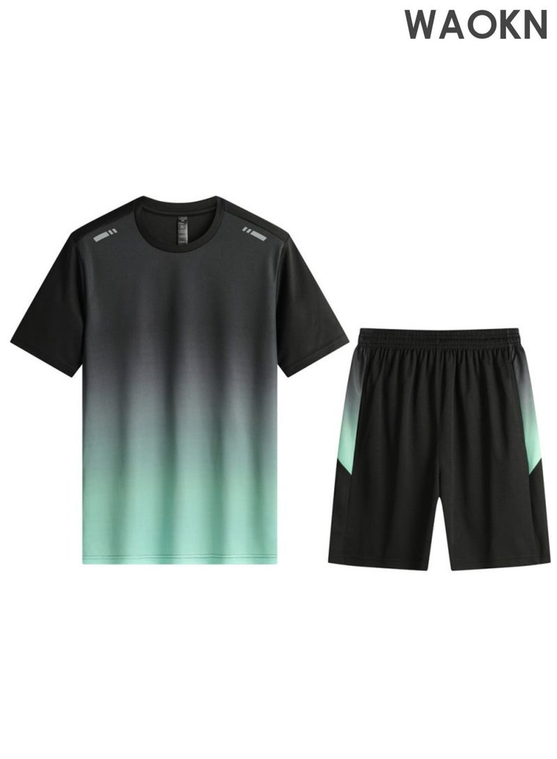 دبليو أيه أو كي أن بدلة رياضية رجالية قابلة للتنفس ومريحة، بدلة لياقة بدنية للجري غير رسمية وفضفاضة، خفيفة الوزن وسريعة الجفاف بأكمام قصيرة مجموعة من قطعتين، ناعمة ومريحة للغاية، مناسبة للارتداء الرياضي الداخلي والخارجي. - Image 1