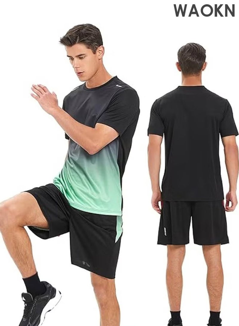دبليو أيه أو كي أن بدلة رياضية رجالية قابلة للتنفس ومريحة، بدلة لياقة بدنية للجري غير رسمية وفضفاضة، خفيفة الوزن وسريعة الجفاف بأكمام قصيرة مجموعة من قطعتين، ناعمة ومريحة للغاية، مناسبة للارتداء الرياضي الداخلي والخارجي. - Image 2