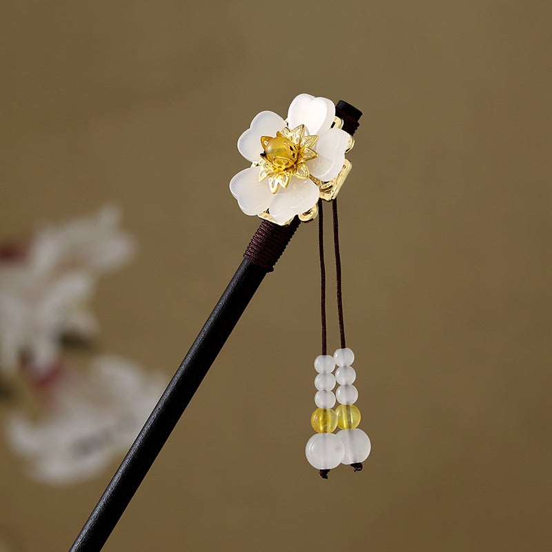 Generic Palace Style Imitation Ebony Hairpin Antique Hanfu Flower Hair Hairpin National Style Tassel Hairpin Ancient Clothing Hair Ornament Snow Lotus