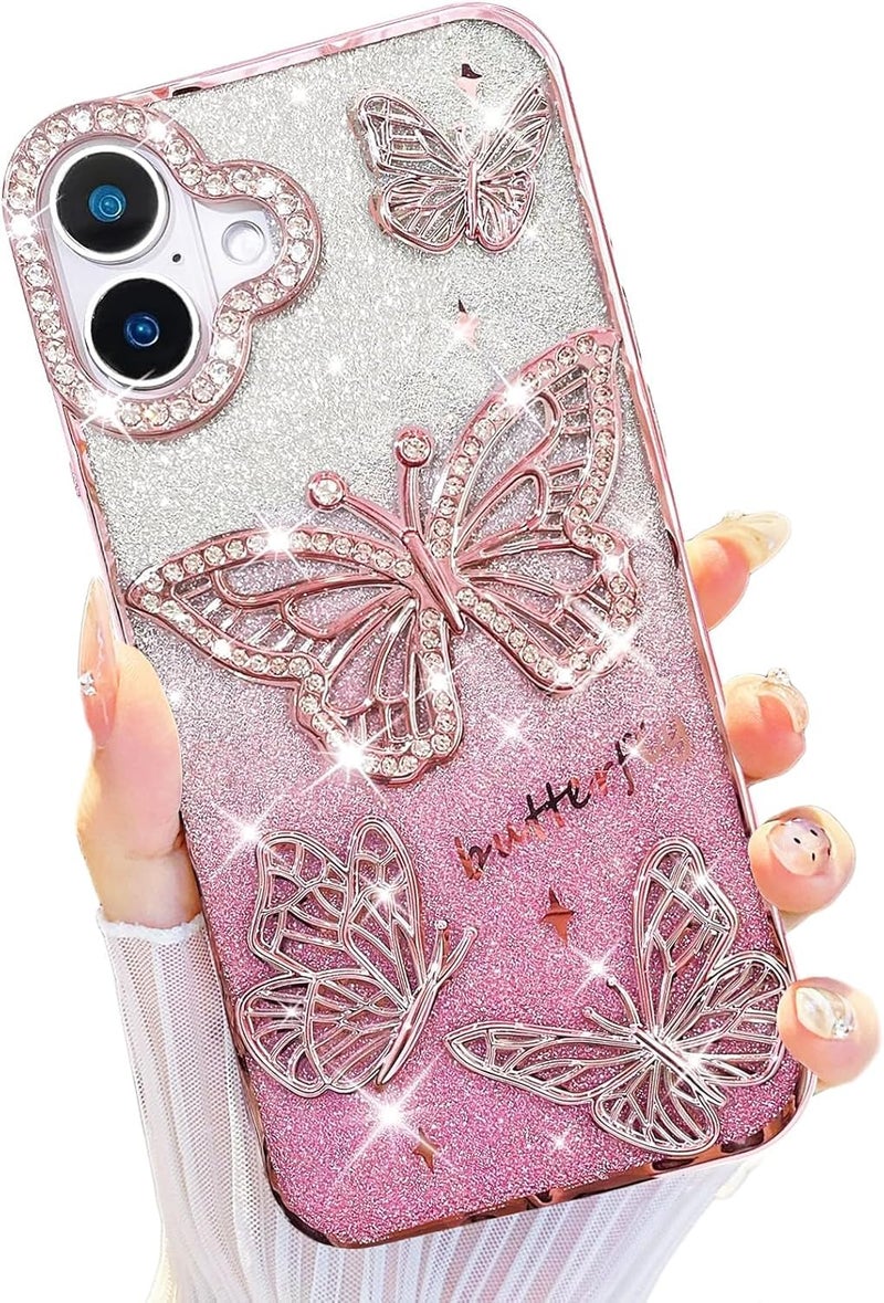 Elzzi Newest Electroplated Butterfly Phone Cover for iPhone16 Plus Case, Showcasing Pearlescent Diamond Soft TPU, Camera Protection, Shockproof, Dropresistant Stylish for Girls & Women (Pink) - Image 1