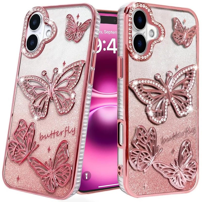 Elzzi Newest Electroplated Butterfly Phone Cover for iPhone16 Plus Case, Showcasing Pearlescent Diamond Soft TPU, Camera Protection, Shockproof, Dropresistant Stylish for Girls & Women (Pink) - Image 3