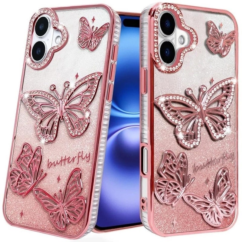 Elzzi Newest Electroplated Butterfly Phone Cover for iPhone16 Plus Case, Showcasing Pearlescent Diamond Soft TPU, Camera Protection, Shockproof, Dropresistant Stylish for Girls & Women (Pink) - Image 4