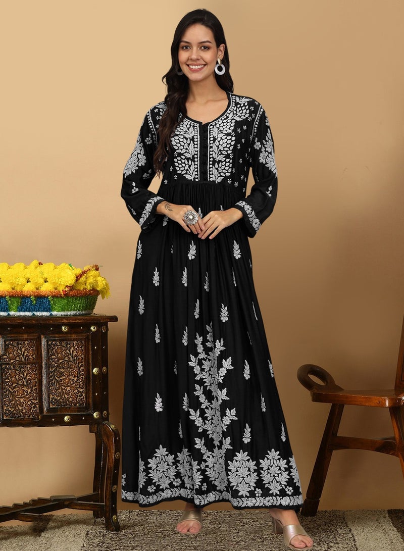الايا جلابية شيكانكاري موسلين مطرزة يدوياً-AL4017  - Image 1