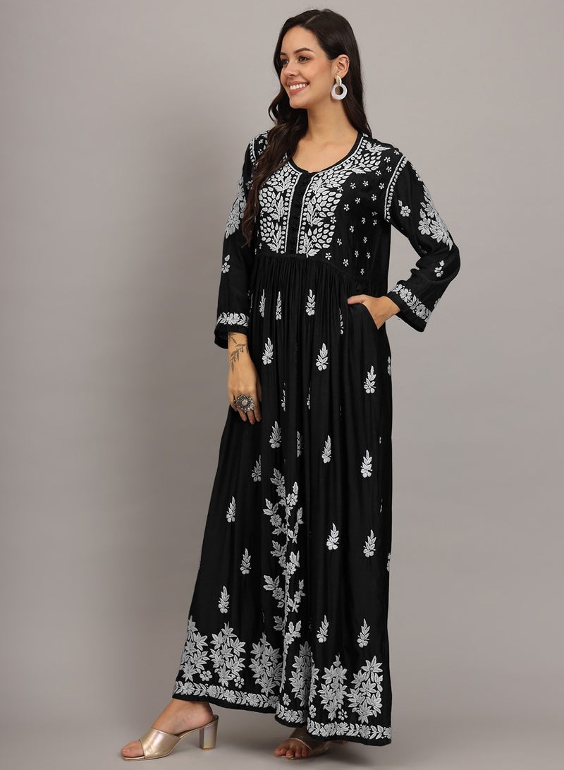 الايا جلابية شيكانكاري موسلين مطرزة يدوياً-AL4017  - Image 4