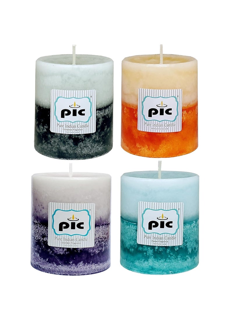 PIC Pure Indian Candle Handpourd Scented Two Tone Mottle Wax Pillar Candle (Pack of 4 Pcs.) Fragrance Rose, Forest,Pomelo,Lavender  - Image 1