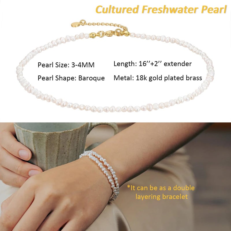 NUZON Natural Tiny Baroque Pearl Choker Necklace for Women Handpicked 3-4MM AAA+ Freshwater Irregular Pearl Beaded Strand Necklace Dainty Layering Jewelry 16'' Adjustable - Image 4