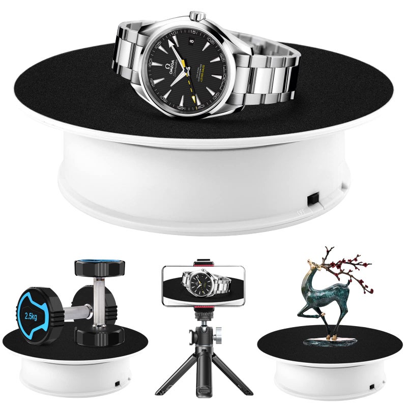 Inovat 8 Inch White Motorized Rotating Display Stand Velvet Top Photography Turntable for Jewelry Model Trinket Product Displaying Battery Operated 10LB Load