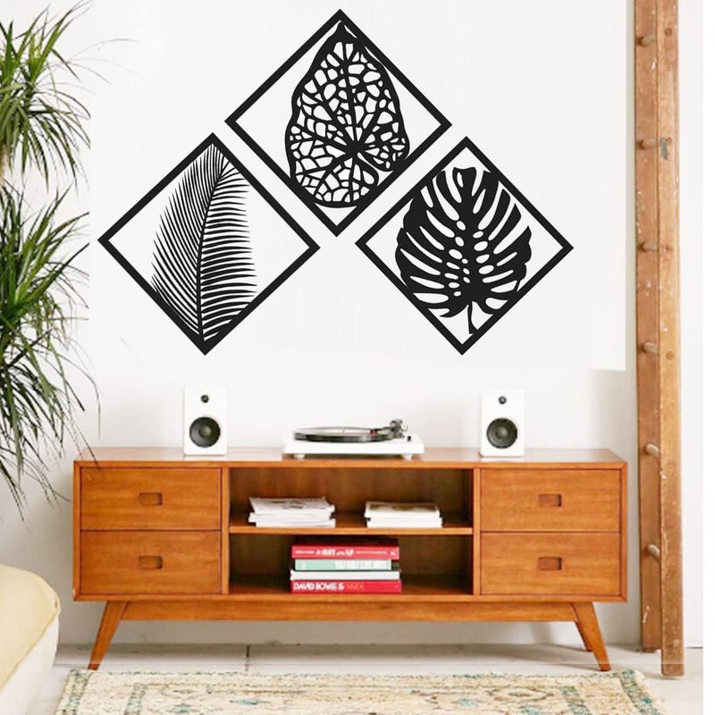 300Sparkles Leaf Design Wooden Wall Hanging Frame Black Medium 10 x 10 Inch 3 Pcs - Image 2