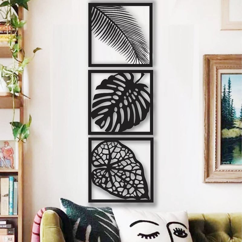 300Sparkles Leaf Design Wooden Wall Hanging Frame Black Medium 10 x 10 Inch 3 Pcs - Image 1