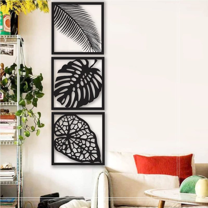 300Sparkles Leaf Design Wooden Wall Hanging Frame Black Medium 10 x 10 Inch 3 Pcs - Image 3