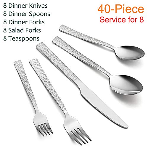 E-far Hammered Silverware Set, 40-Piece Stainless Steel Square Flatware Set for 8, Metal Tableware Cutlery Set Includes Dinner Knives/Forks/Spoons, Modern Design & Mirror Polished - Dishwasher Safe - Image 2