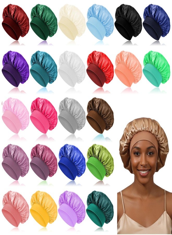 Hpmjz 25Pcs Satin Bonnets for Sleeping Large Silk Bonnet for Men Wide Band Hair Bonnet Soft Elastic Hair Wrap Cap Silky Shower Cap Elastic Band Sleep Caps for Black Women Men Curly Hairs - Image 1