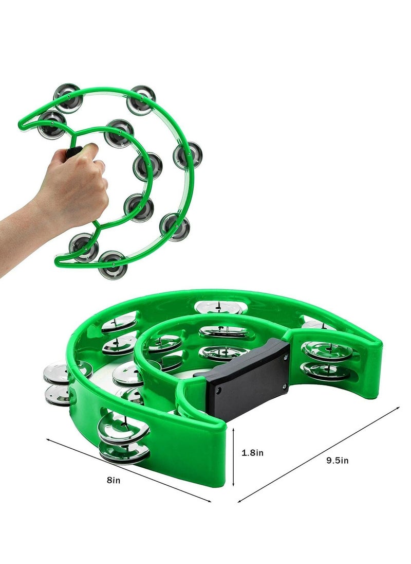 Mike Music - Tambourine Double Row Metal Jingles Hand Held Percussion Half-Moon Tambourines Musical Instrument Gifts for Kids, Adults, KTV, Party - Green - Image 1
