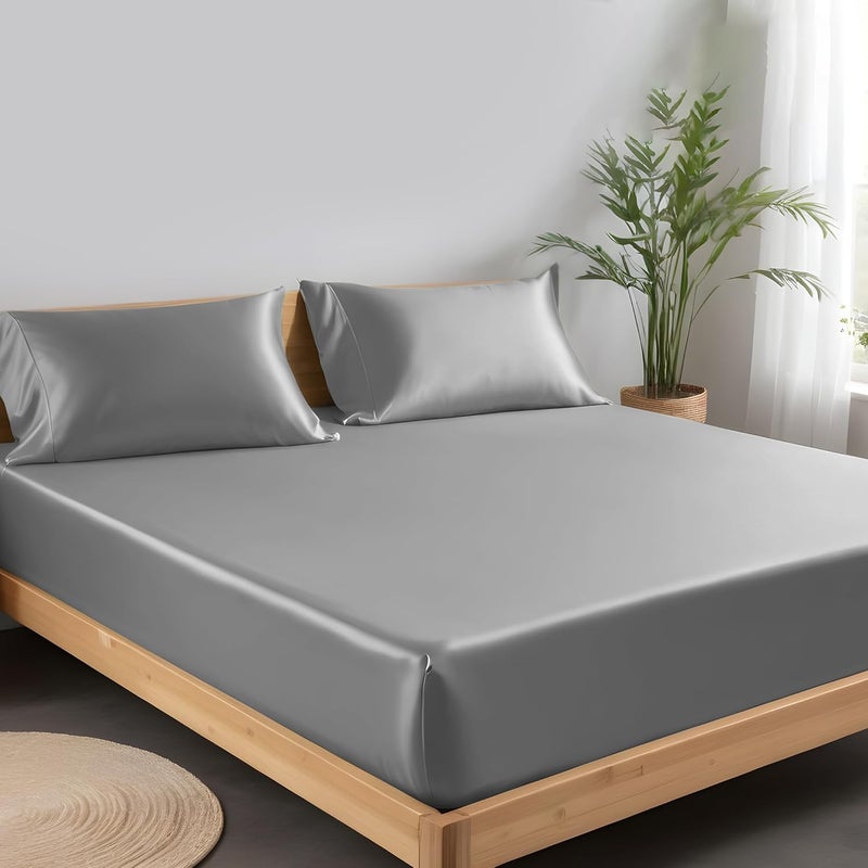 LINENWALAS King Fitted Sheet 150x200 cm, 100% Organic Bamboo Silk Bed Sheet for King Size Bed, Up to 40 cm Deep Pocket Bottom Sheet, Soft, Cooling Hypoallergenic Bedding (Light Grey) - Image 2