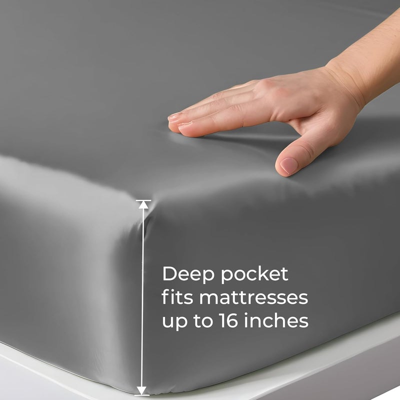 LINENWALAS King Fitted Sheet 150x200 cm, 100% Organic Bamboo Silk Bed Sheet for King Size Bed, Up to 40 cm Deep Pocket Bottom Sheet, Soft, Cooling Hypoallergenic Bedding (Light Grey) - Image 3