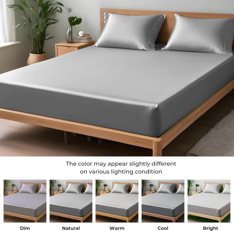LINENWALAS King Fitted Sheet 150x200 cm, 100% Organic Bamboo Silk Bed Sheet for King Size Bed, Up to 40 cm Deep Pocket Bottom Sheet, Soft, Cooling Hypoallergenic Bedding (Light Grey) - Image 4