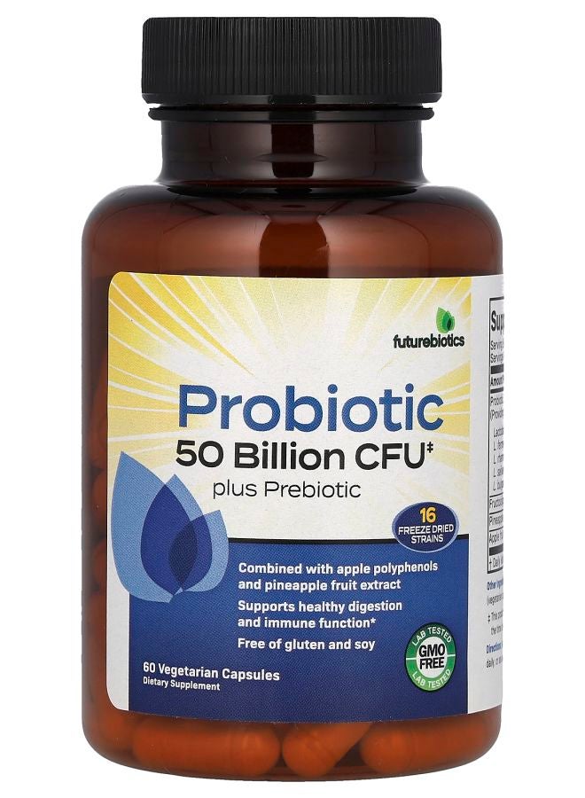 Futurebiotics بروبيوتيك بلس بريبيوتيك 50 مليار CFU 60 كبسولة نباتية (25 مليار CFU لكل كبسولة)